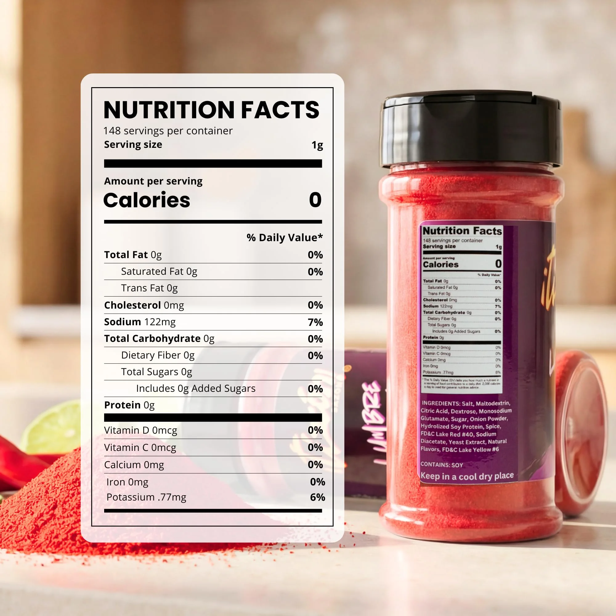 The Nutrition Facts panel of the Lumbre Fuego jar: one gram per serving, 122 mg of sodium.