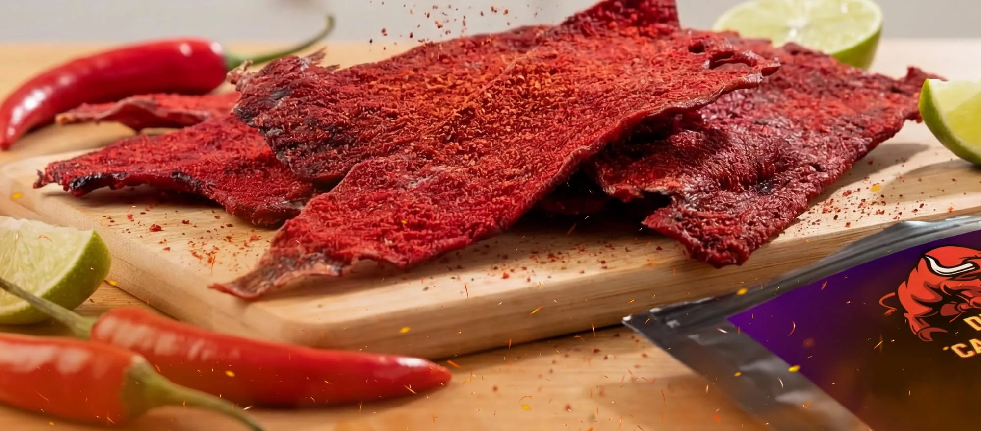 Tizon Lumbre carne seca on a cutting board with limes and chiles